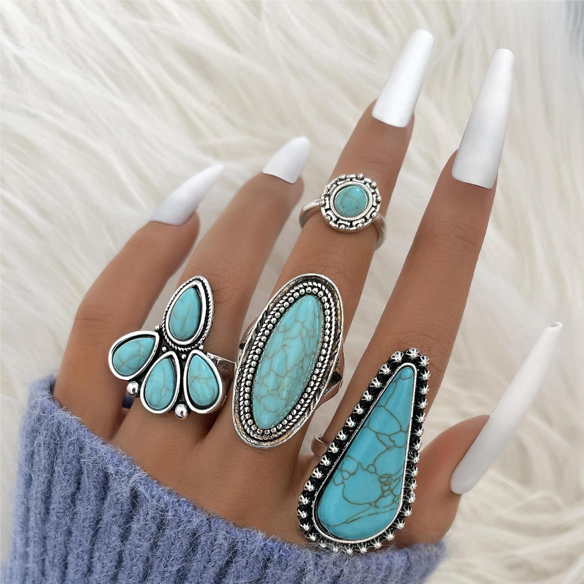 Wholesale Ethnic Style Retro Petal Set Turquoise Ring Geometric Joint Ring Four-piece Set